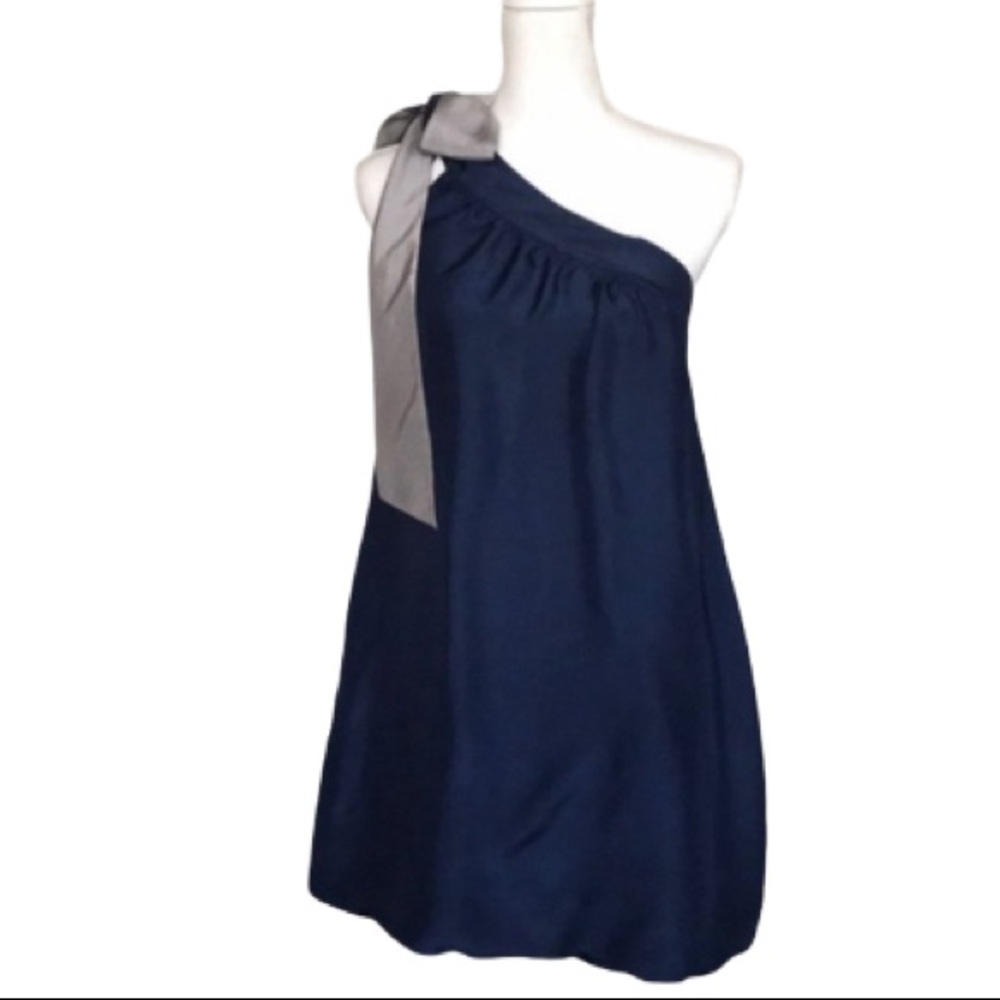 Ella Moss one shoulder navy blue silk bubble hem dress